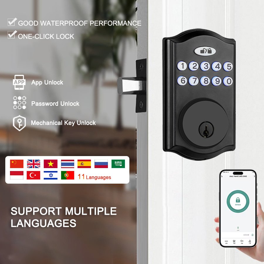 H21 CAIYI YiTechE American Type Password Deadlock Small Waterproof Tuya App Smart Digital Push Button Door Deadbolt Locks with Key - 图片 2