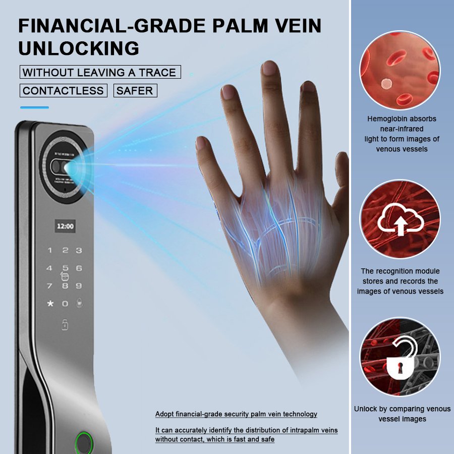 K917 CAIYI YiTechE Israel Smartlock 3D Face and Palm Vein Recognition WiFi Tuya Camera Video Intercom Digital Fingerprint Smart Door Lock with 6590 Israeli Mortise - 图片 4